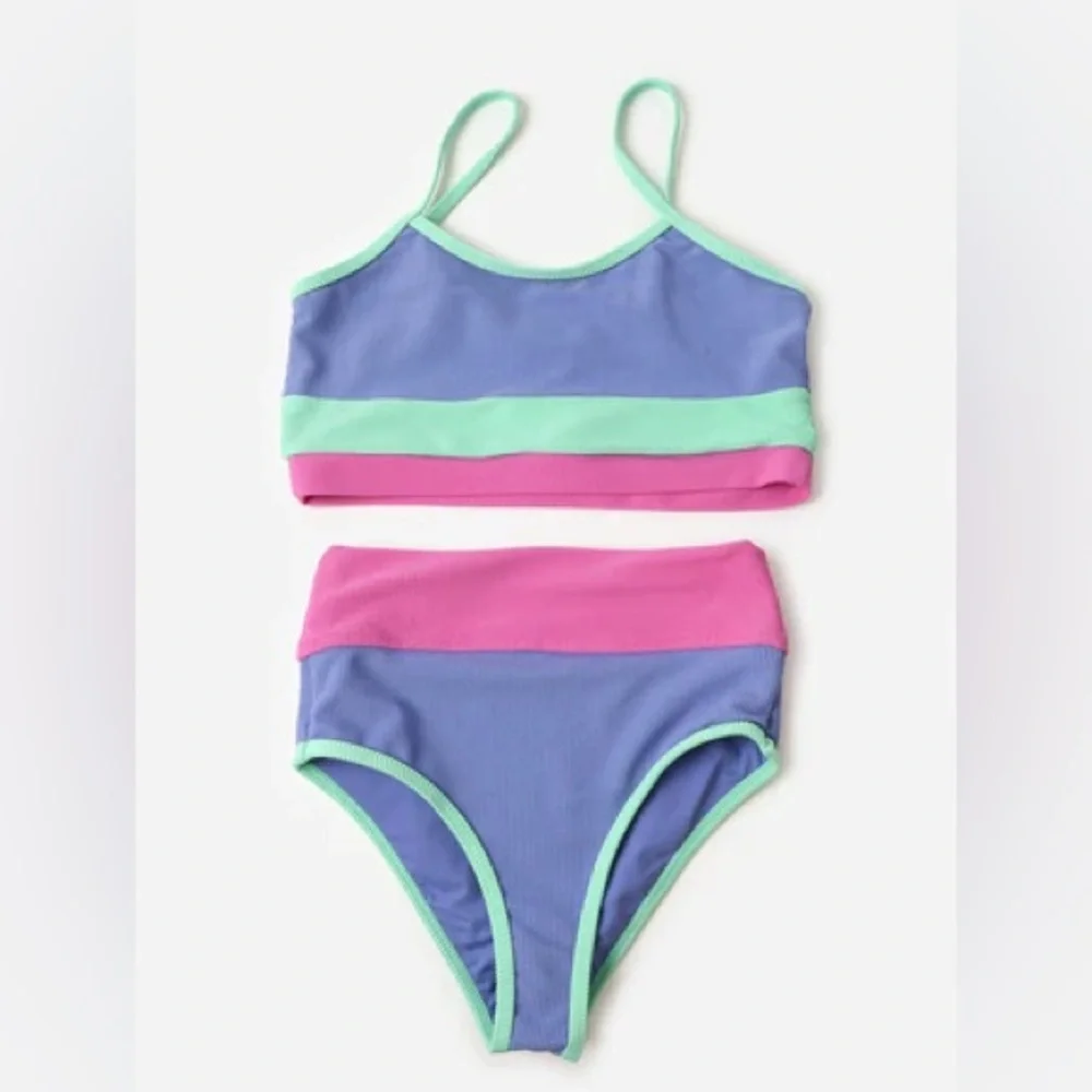 Beach Riot Big Girls Eva & Emmie Two Piece Swimsuit High Tide Colorblock 13/14